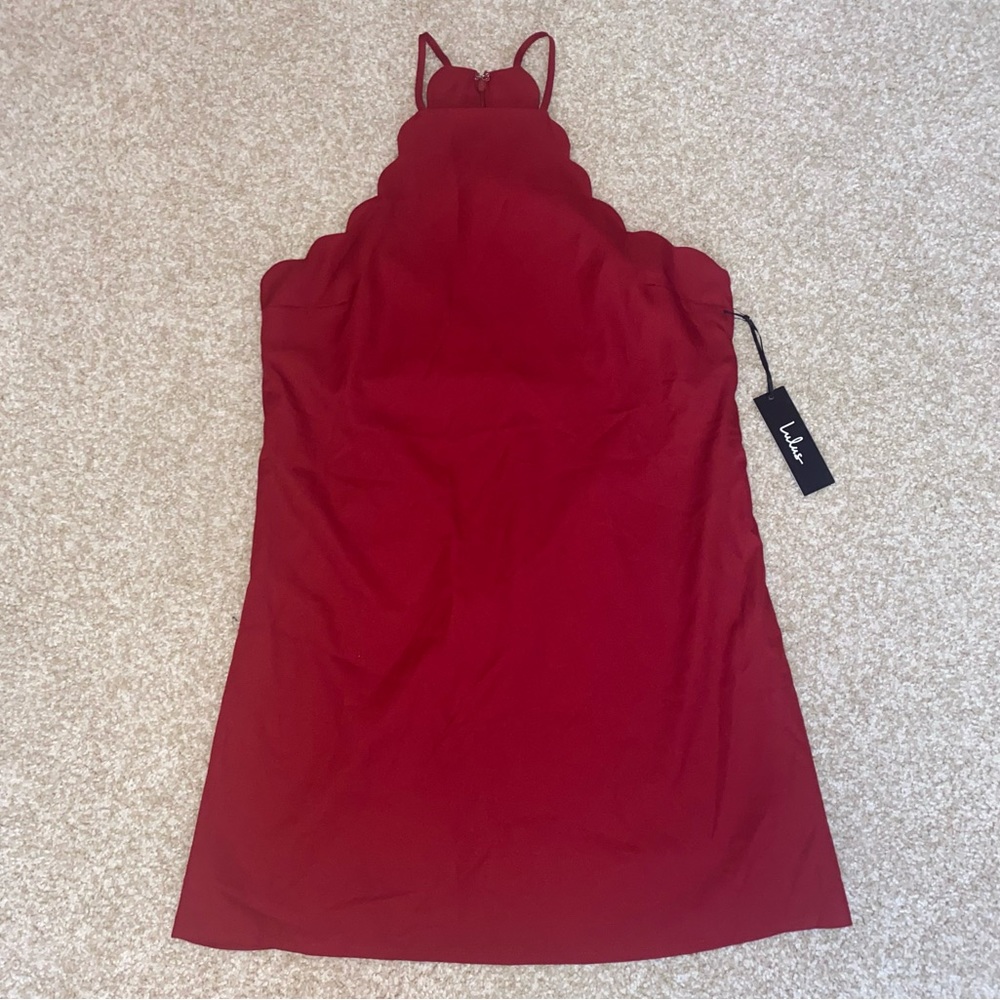 NWT Lulu’s Classic Halter Endlessly Endearing Scalloped Wine Red Mini Dress - Picture 4 of 7
